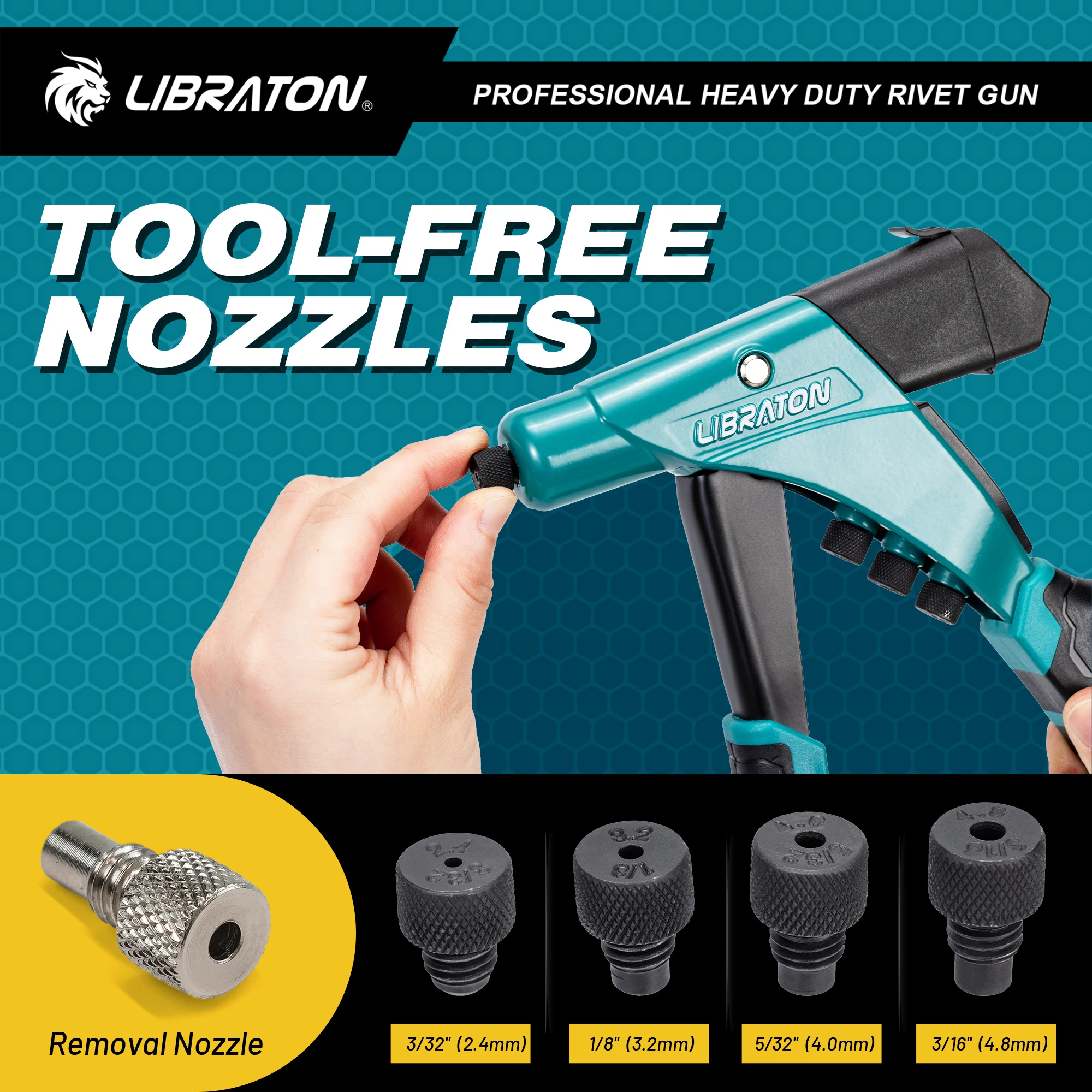 LIBRATON Heavy Duty Rivet Gun Kit, Professional One-Handed Pop Rivet Gun, Manual Riveting Tool for Metal, Wood and Plastic