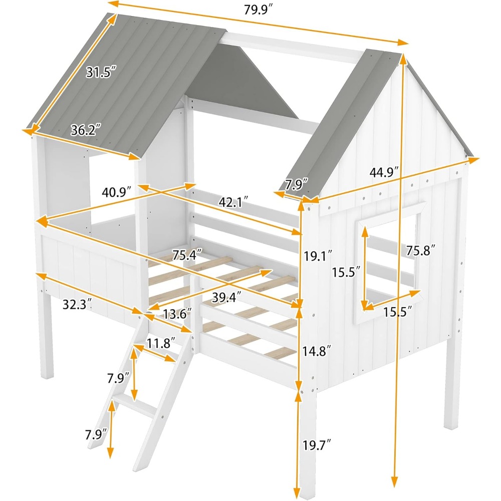 Twin House Bed for Kids Wood Low Loft Bed Frame with Windows and Roof, Easy Assembly, for Girls Boys (White+Gray)