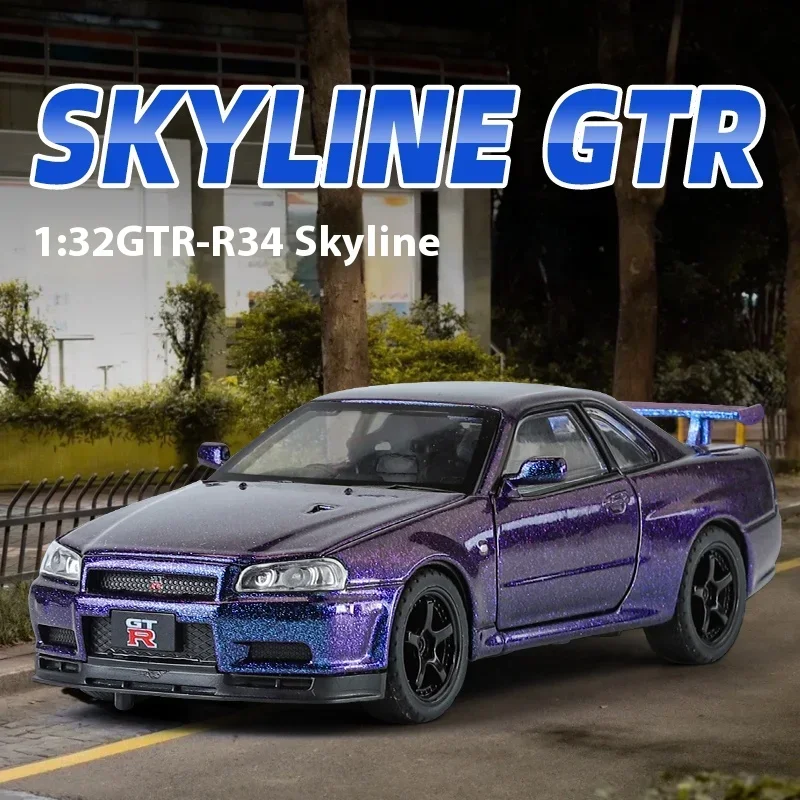 Nissan GTR R34 Skyline Supercar, modelo de coche de carreras de juguete, aleación de Metal fundido a presión, simulación de coche, luz de sonido, regalo para niños, 1:32