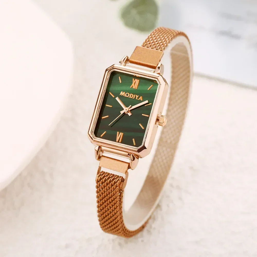 Relojes cuadrados de cuarzo para mujer, correa magnética, esfera verde, malla de oro rosa Simple, relojes de lujo para mujer 2024