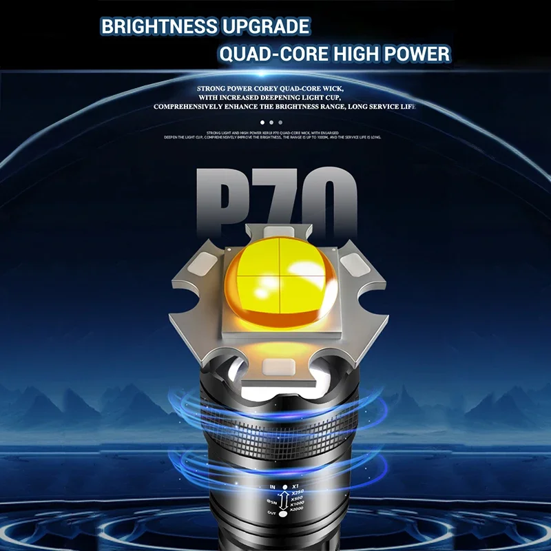 Lanternas led p70 poderosas, 5000lm, luz tática ultra brilhante, holofotes de emergência, zoom telescópico, bateria 18650 embutida