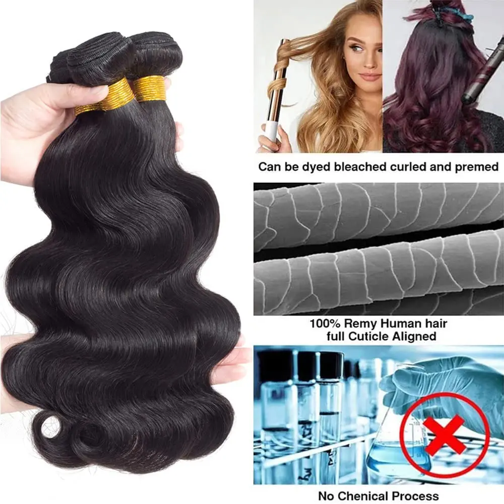 Pacotes de Onda Corporal com Fecho Frontal, Extensões de Cabelo Humano, 100% Natural, 13x4 Transparente Lace, 3 Pacotes
