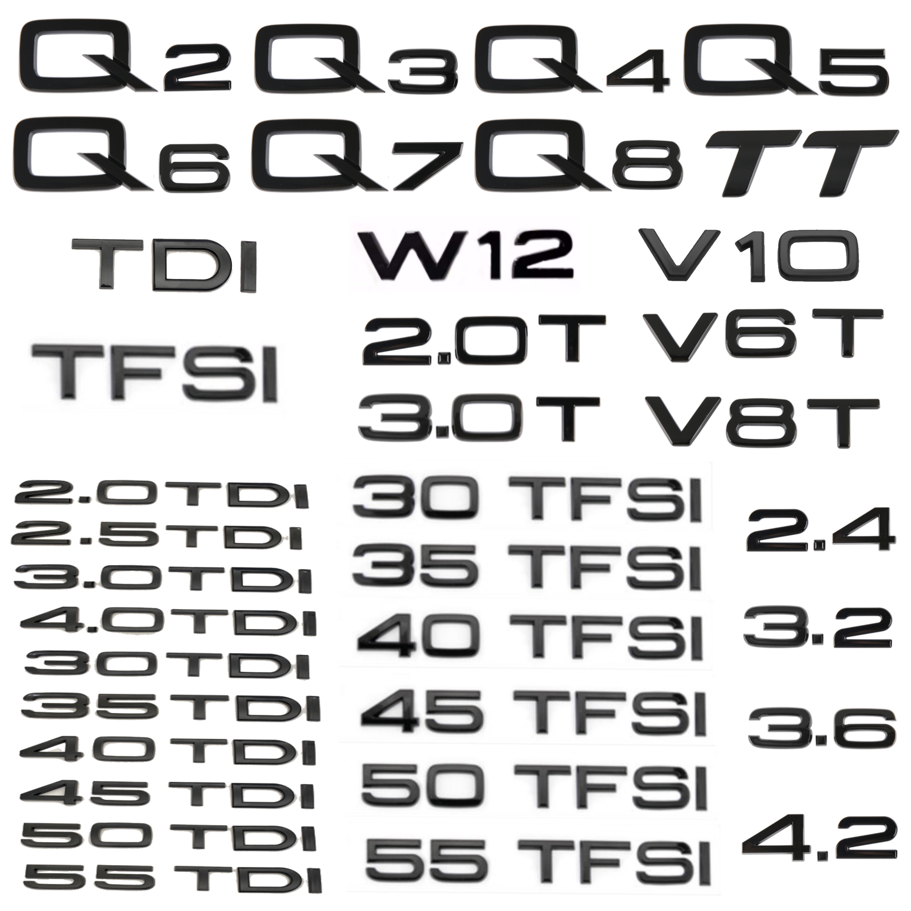 Глянцевый черный АБС-цифры с буквами Q2 Q3 Q4 Q5 Q6 Q7 Q8 TDI TFSI 2.0T Эмблема для Audi Q серии Автомобильное крыло Багажник Задний логотип Наклейка