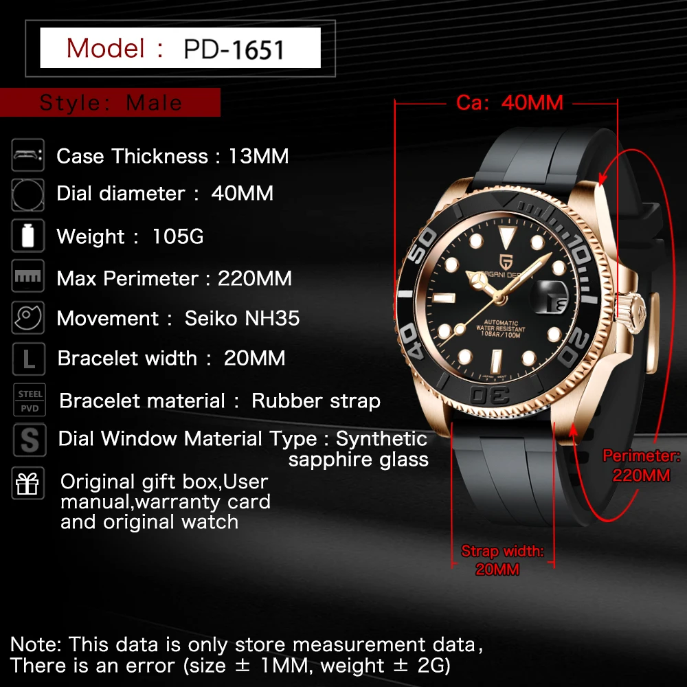 PAGANI DESIGN PD-1651 V3, reloj mecánico para hombre, reloj automático de cristal de zafiro de lujo, reloj de acero inoxidable NH35 para hombre 2024