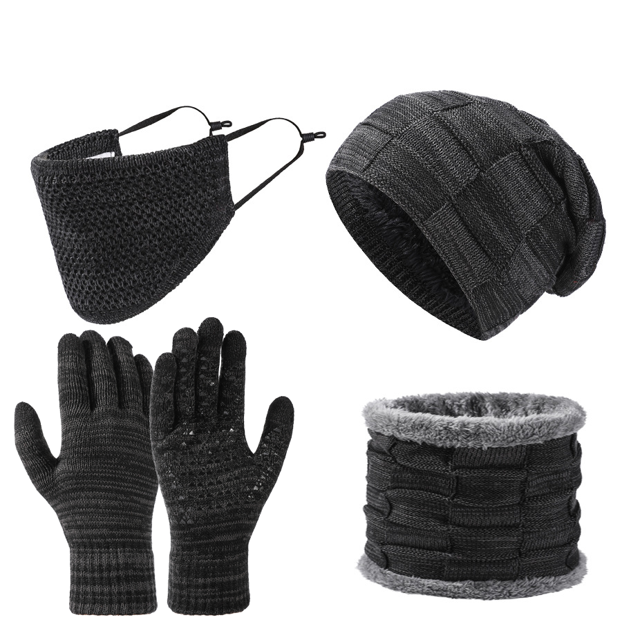 Autumn Winter Men Fleece-Lined Knitted Hat+Scarf+Mask+Gloves 4 Pieces Set Women Soft Thick Warm Multi Piece Set