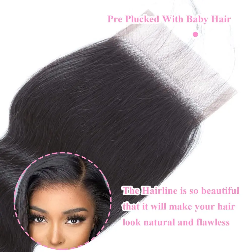 Pacotes brasileiros do cabelo humano com fechamento, onda do corpo, Weave do cabelo humano do Virgin, 3 pacotes, fechamento do laço 4x4, cor preta natural