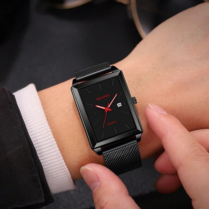 Reloj de pulsera de cuarzo para hombre, cronógrafo de moda, informal, de negocios, cuadrado, negro, de lujo, con correa de malla de acero inoxidable