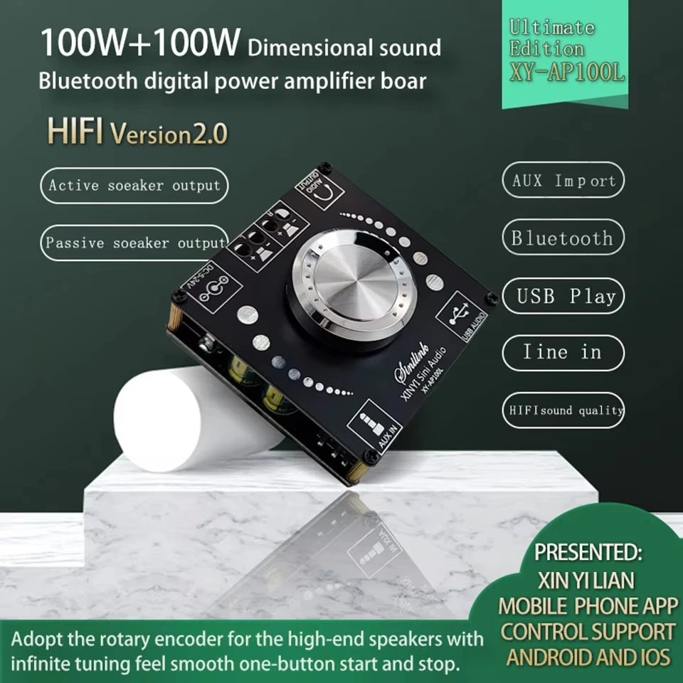 XY-AP100L 2*100W Bluetooth Power Amplifier Board 5.0 Digital AUX 2.0 CH Stereo Home Music Speaker Wireless Module Audio AMP