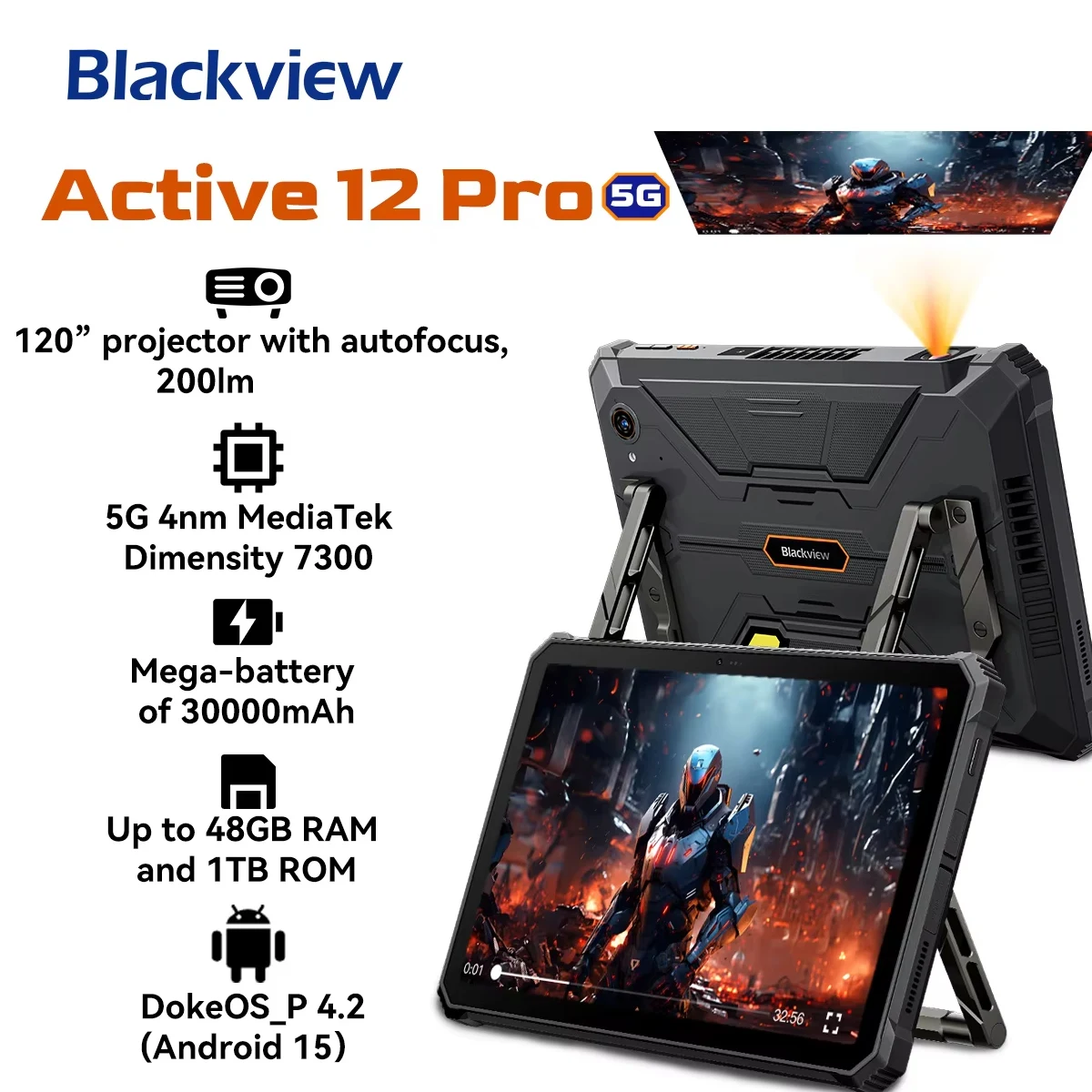 Robustes Blackview Active 12 Pro-Projektor-Tablet mit Android 15, Abmessung 7300 5G 11'' Pad, 16+32 GB RAM 1 TB 30000 mAh Tablet-Telefon