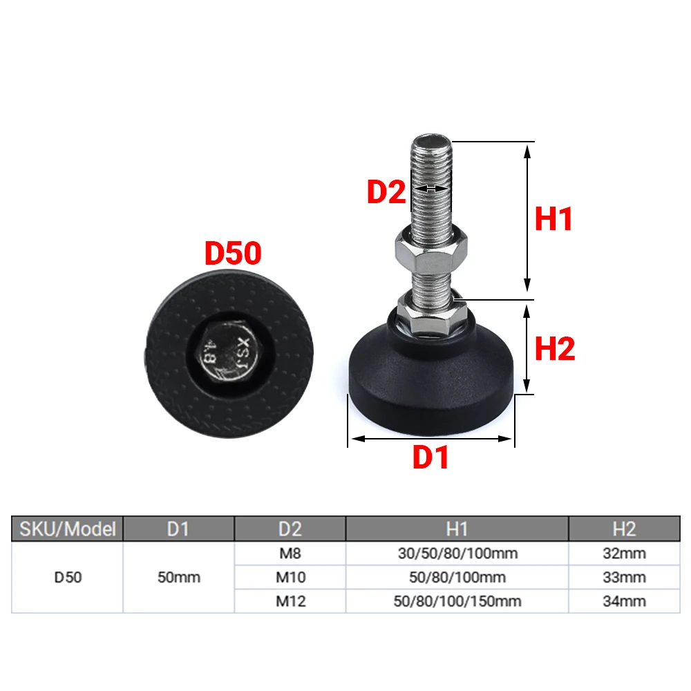 4Pcs Adjustable Lathe Leg Dia 50mm Thread Type SS304 Stainless Steel Foot Pad Levelling Feet Swivel Base Articulating Leg M8 M10