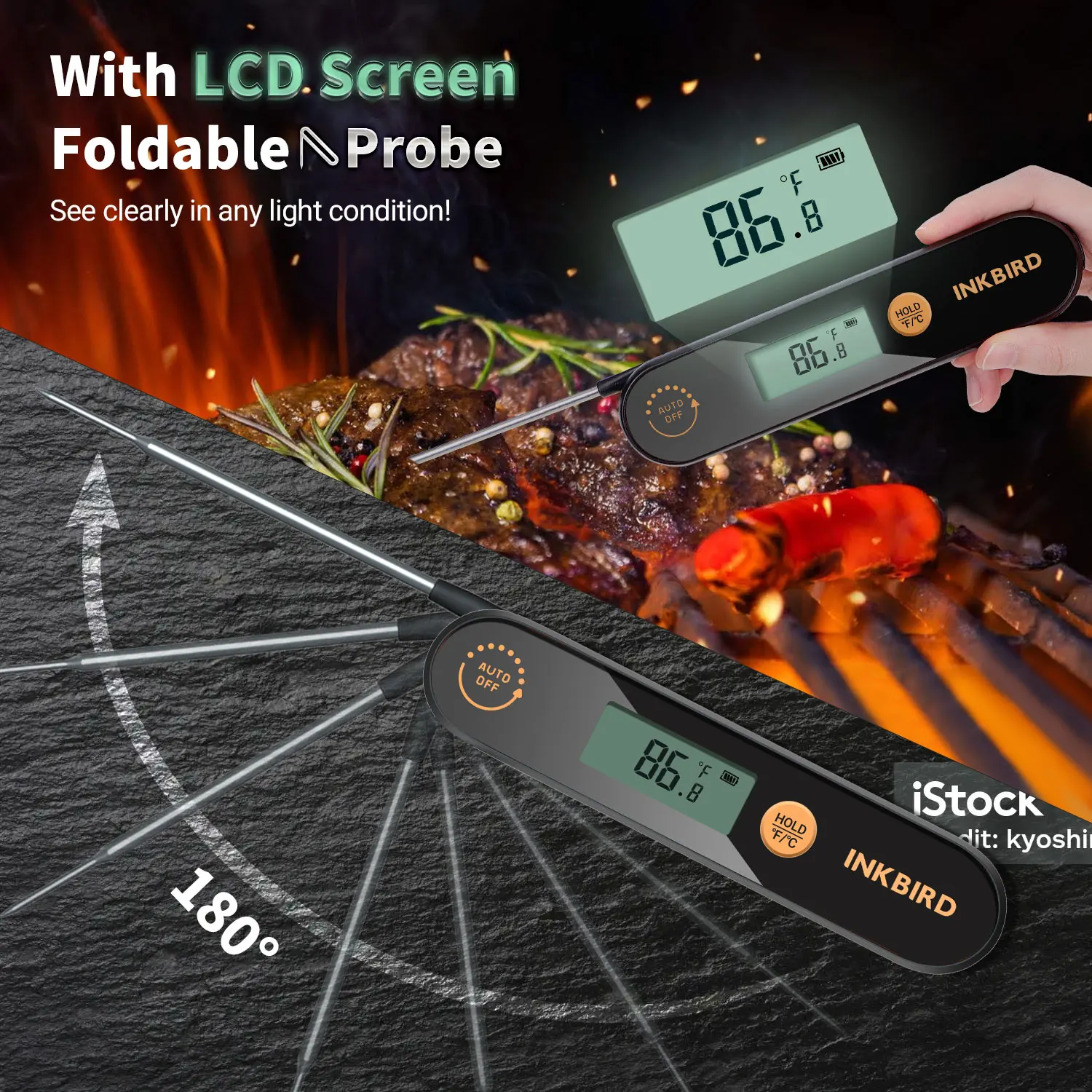INKBIRD-termómetro Digital IHT-1X para carne, dispositivo con sondas plegables, resistente al agua IPX5, recargable, para barbacoa y freír profundamente
