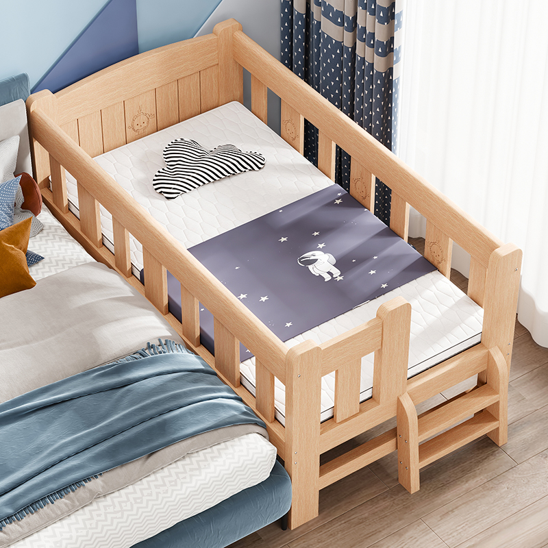 Cama infantil de madera maciza, cama individual para niño, con barandilla, cama princesa para niña, ensanchada y conectada, personalizable