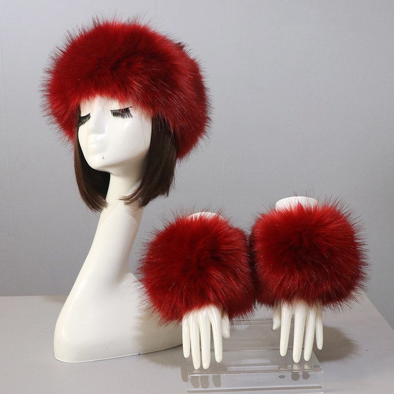 Un conjunto de puños de piel de zorro sintética para mujer + diadema, gorro más cálido para invierno, guantes con manga para muñeca y brazo, gorro de piel sintética para mujer + pulsera elástica