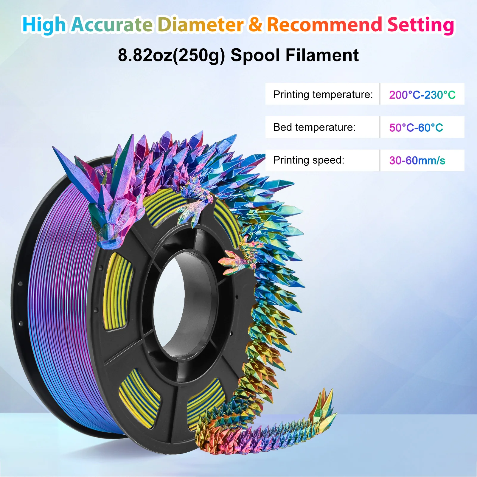 Filament d'imprimante 3D PLA en soie tricolore, filament d'impression 3D multicolore de 1,75 mm, filament violet, bleu ciel et jaune, 250 g (0,55 lb)