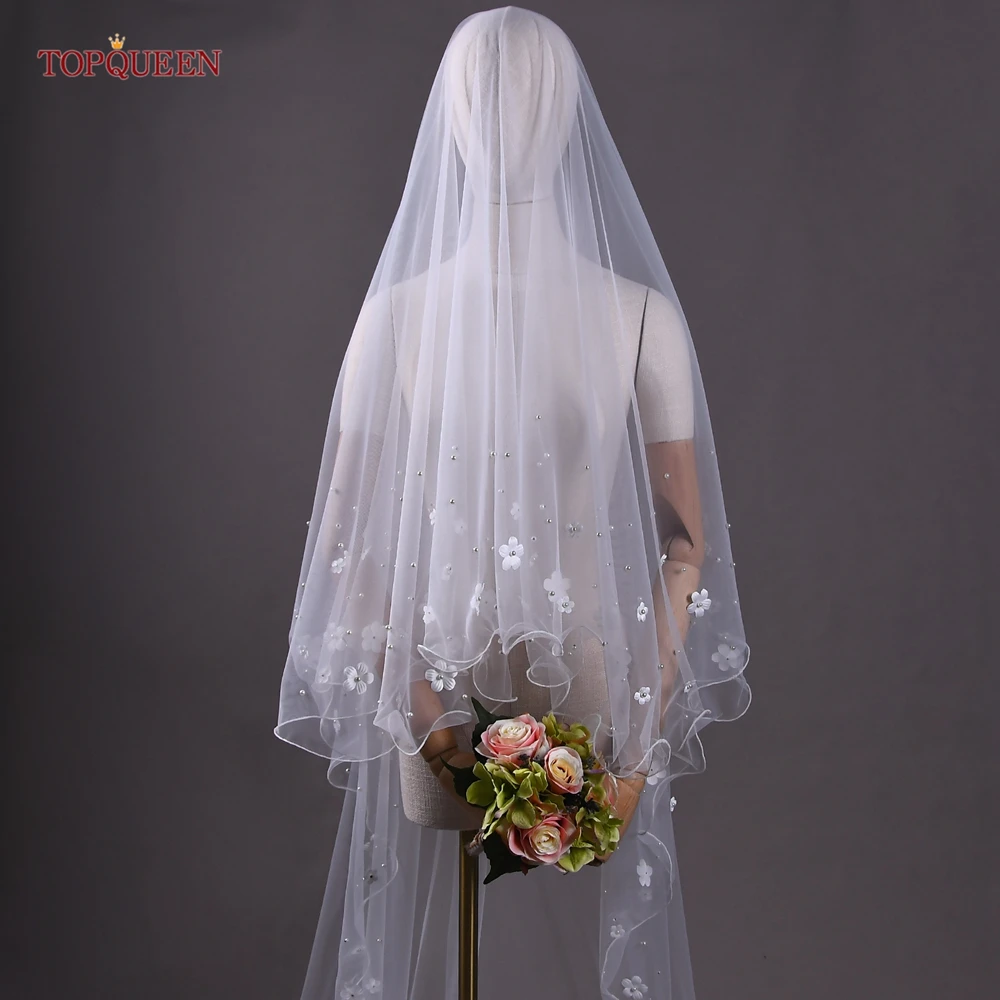 TOPQUEEN kerudung pengantin bunga 3d mutiara romantis pernikahan 2 lapisan Waltz pengantin kerudung penutup Blusher wajah tanpa sisir dapat disesuaikan V217A
