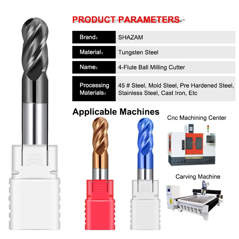 Shazam เครื่องกัดทังสเตนคาร์ไบด์4-ขลุ่ยเครื่องมือกัด CNC ขนาด R0.5-R6ที่0มม. HRC50/55/70สำหรับโรงงานผลิตวัสดุเหล็ก