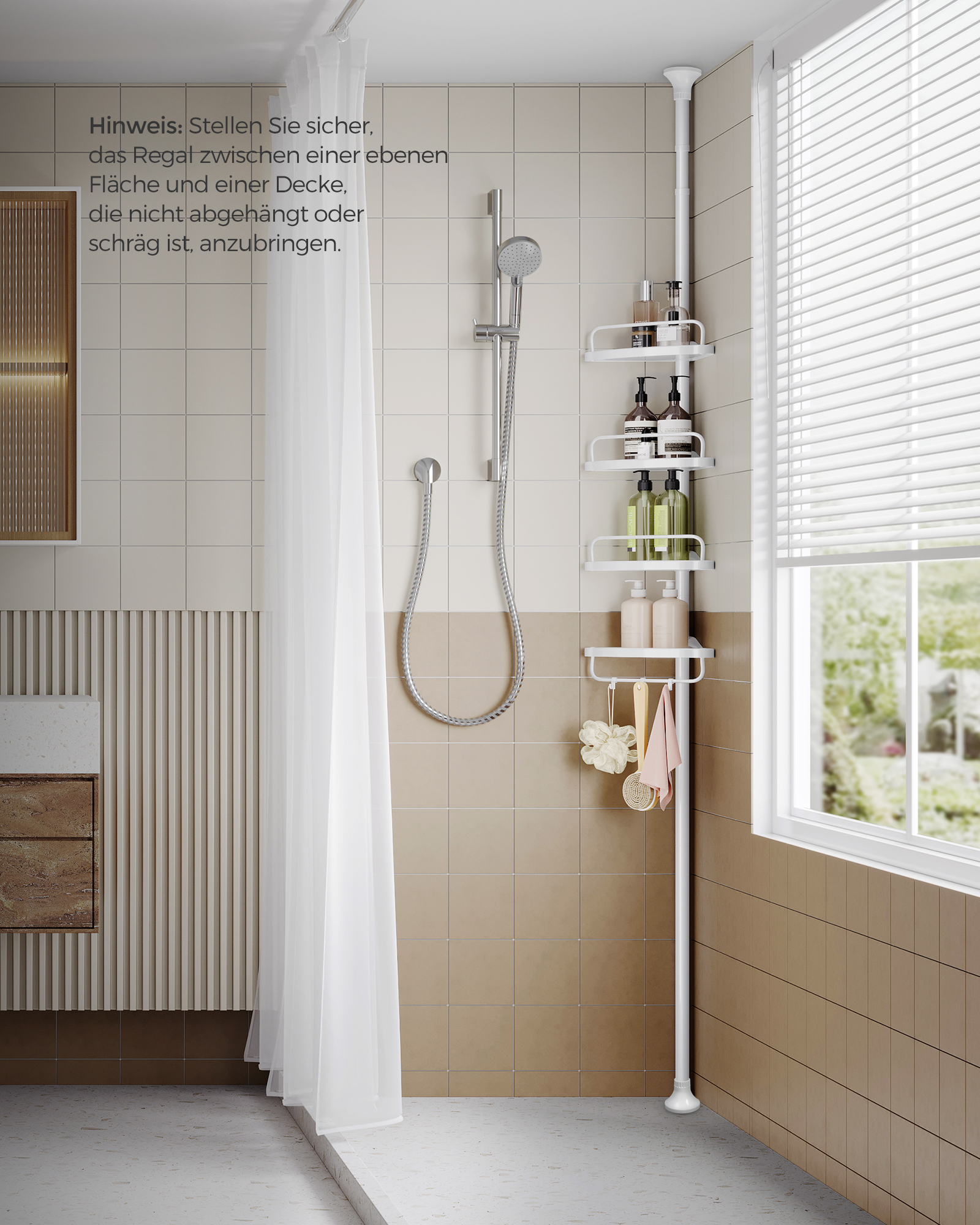 Duschregal, 85-305 cm höhenverstellbar, Badregal mit 4 Tabletts, Duschecke, kein Bohren notwendig, weiß/Schwarz