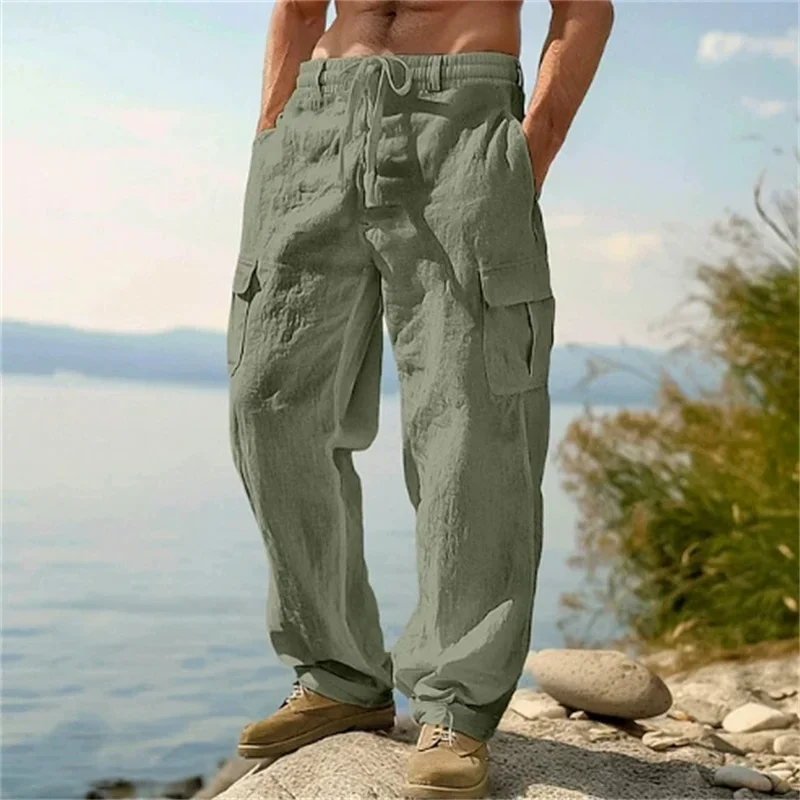 Calças casuais masculinas soltas e confortáveis calças cargo homem algodão linho multi-bolso calças retas praia calças masculinas finas