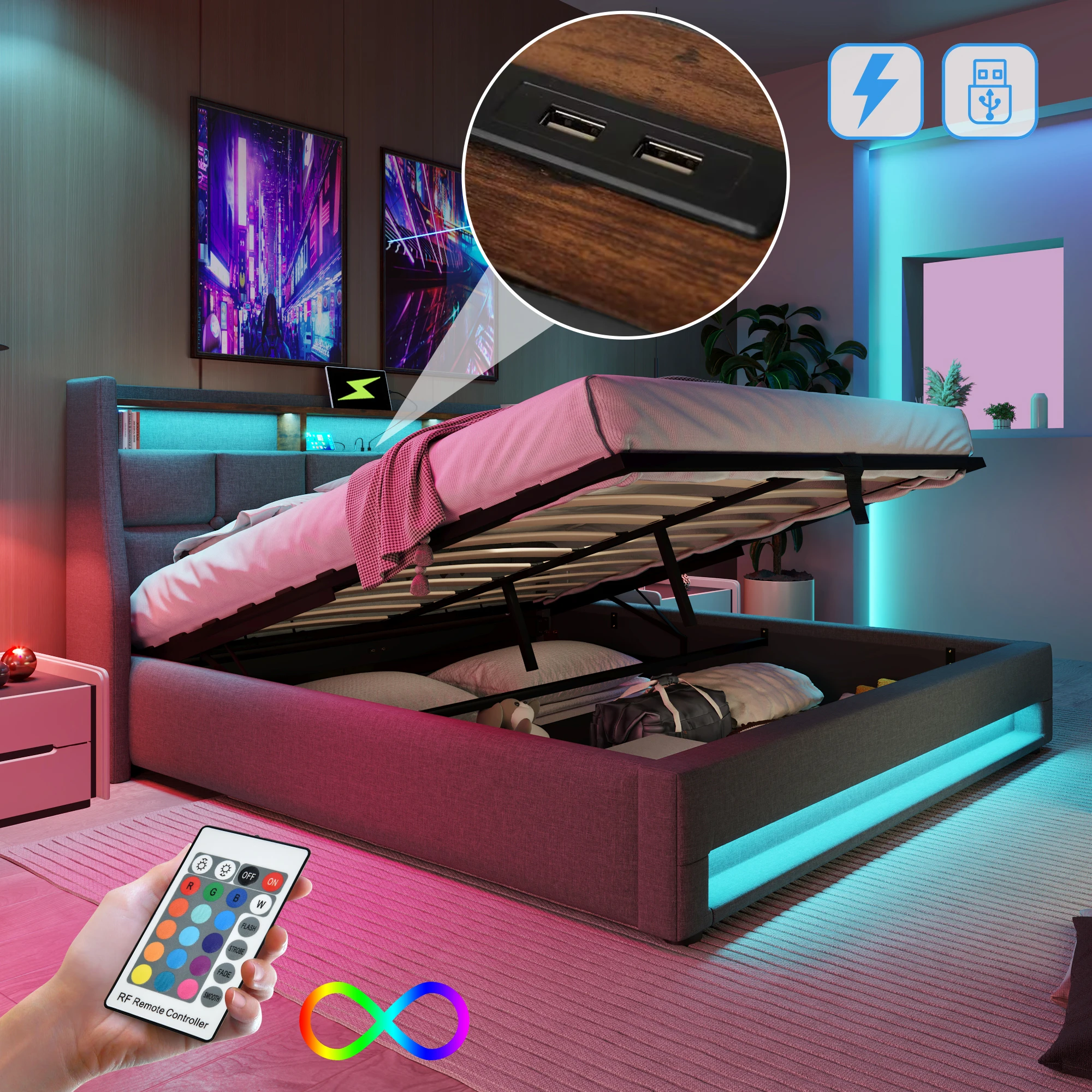 Struttura letto matrimoniale 140x200 cm, letto matrimoniale LED con struttura letto in metallo e traverse in legno, letto per bambini (senza materasso)