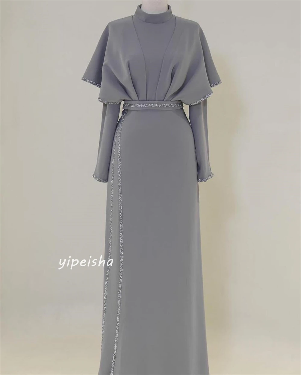 Customized Jersey Sequined Ruched Prom A-line High Collar Bespoke Occasion Gown Midi Dresses Saudi Arabia Evening Dress for Wome