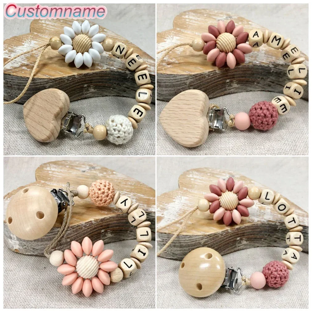 Cuentas de silicona con nombre personalizado para bebé, anillo de flores, Clips para chupete, cadenas de dentición seguras, mordedor, Clips de haya simulados ecológicos