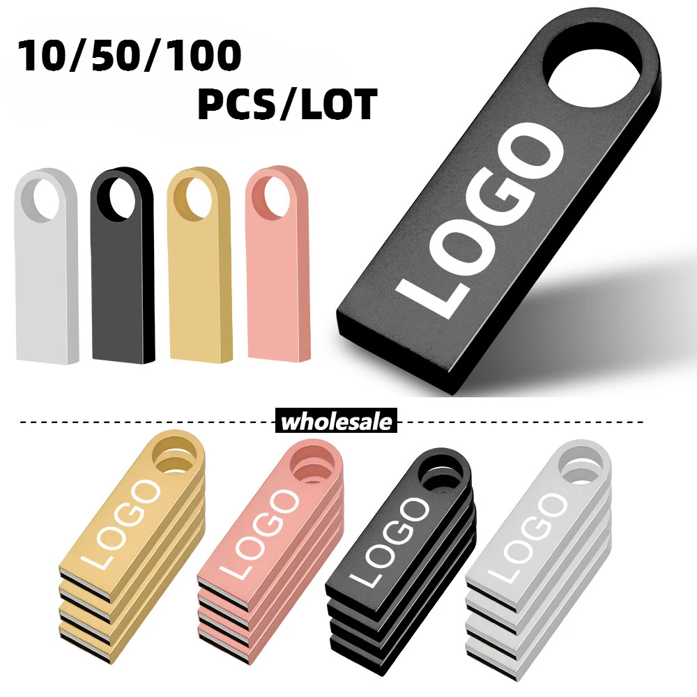 10/ 50/100 unids/lote logotipo gratis unidad Flash USB de metal 64GB 32GB 8GB 4GB memoria Flash USB Stick pen drive 128mb 512mb PenDrive 2,0