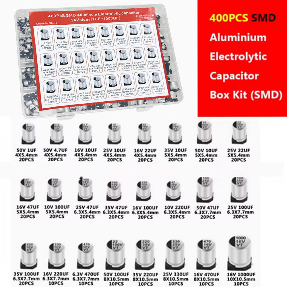Ассортиментный комплект алюминиевых электролитических конденсаторов SMD, 400 шт., 24 значения SMD, 1 мкФ ~ 1000 мкФ 6,3 В-50 В, 24 значения с коробкой