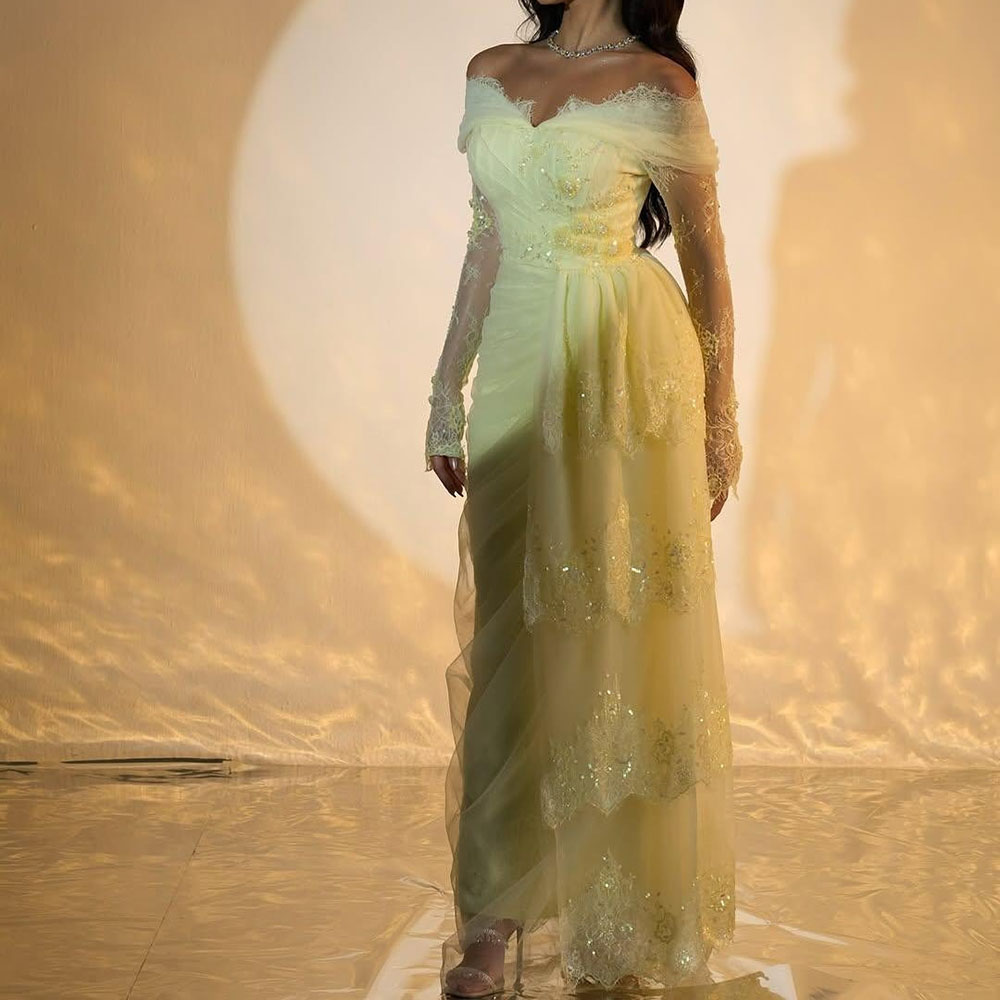 Maßgeschneiderte A-Linie-Abendkleider, bodenlang, schulterfrei, volle Ärmel, Abendkleid, modisches, drapiertes Partykleid mit Spitze und Pailletten