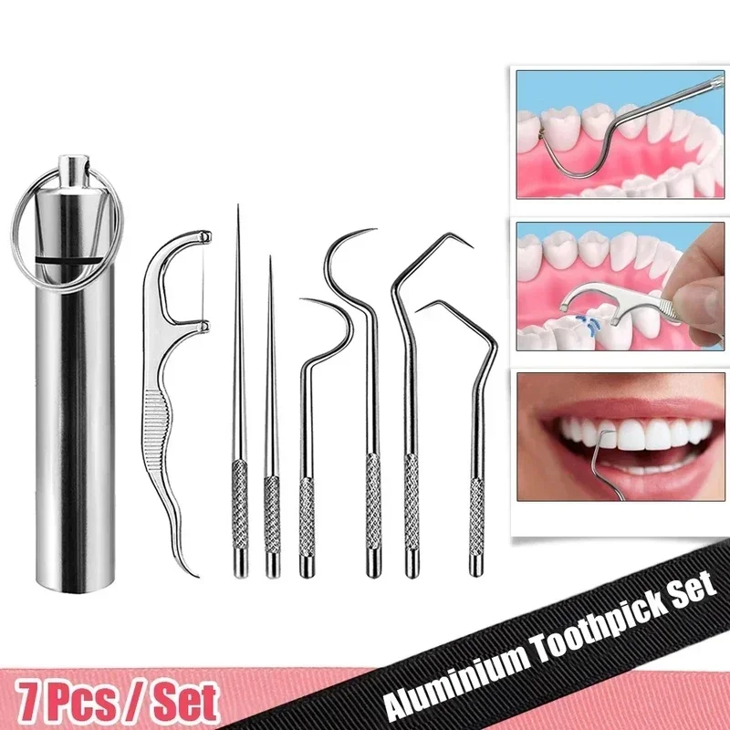 Juego de bolsillo para palillos de dientes de acero inoxidable, Kit de limpieza dental de palillos de dientes de Metal reutilizables con soporte para llavero
