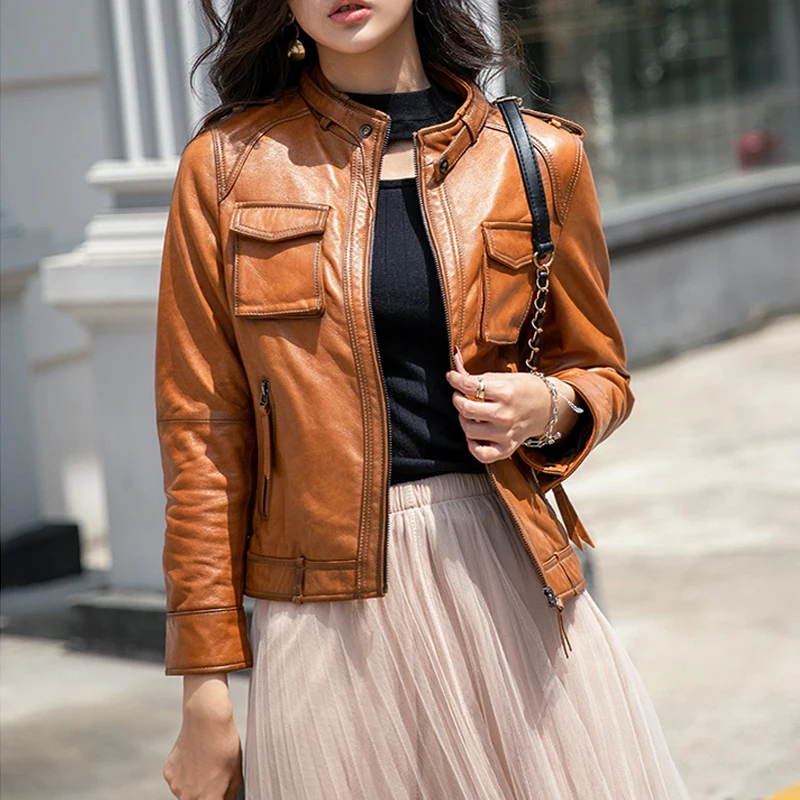 Damen Schaffell Echt leder kurze Motorrad jacke 2024 Herbst Winter Vintage Stehkragen weibliche schlanke Lederjacken Mantel
