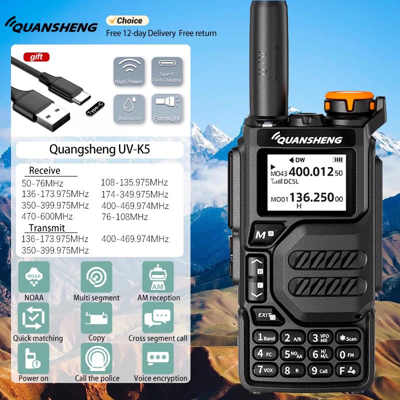 Quansheng-walkie-talkie UVK5 de larga distancia, profesional, civil, al aire libre, viaje por carretera, UV, multifrecuencia, longitud completa, de mano a