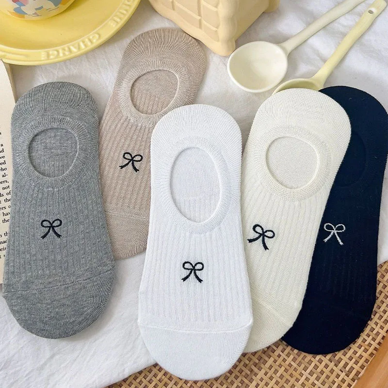 5 pares de calcetines tobilleros para mujer, calcetines informales con estampado de lazo, transpirables, antideslizantes, con tacón, estilo coreano, Instagram