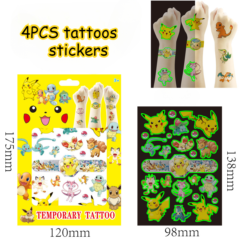 4 folhas pokemon tatuagens luminosas para crianças pikachu tatuagens temporárias adesivos meninos meninas brilho fontes de festa presentes para crianças