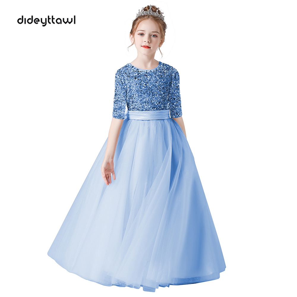 Dideymywl-カスタマイズされた半袖の花の女の子のドレス,花嫁介添人のスパンコールのチュール,ふくらんでいるスカート,女の子の誕生日パーティーのページェントドレス