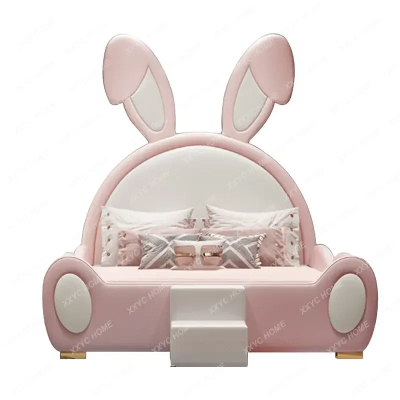 Creative Cartoon Children's Bed Girl Princess Bed Bedroom Pink Rabbit Multi-Functional Baby Solid Wood with Guardrail