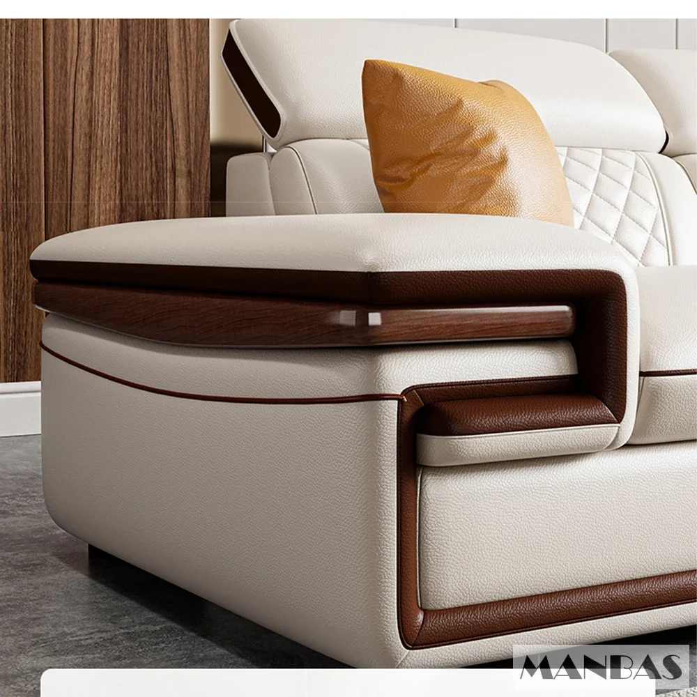 MINGDIBAO Juego de sofás italianos de cuero genuino premium para sala de estar con reposacabezas ajustables, altavoz Bluetooth, carga inalámbrica