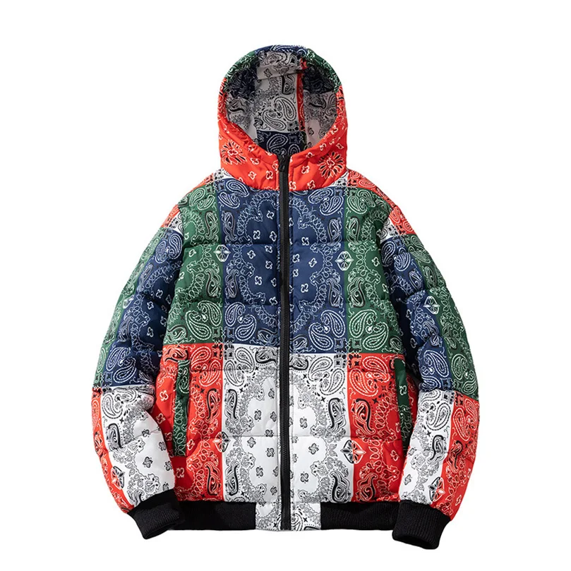 Winterjacke Herren Bandana Print Patchwork Baumwolle Gefütterter Mantel Dicke Warme Kapuze Varsity College University Oberbekleidung Neu 2024 Z1