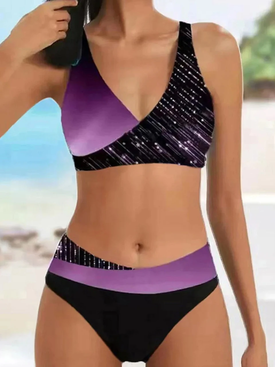 Col en V Bikini ensemble 2024 femmes rayure imprimé maillots de bain mosaïque été maillots de bain maillot de bain femme baigneurs maillot de bain 2XL