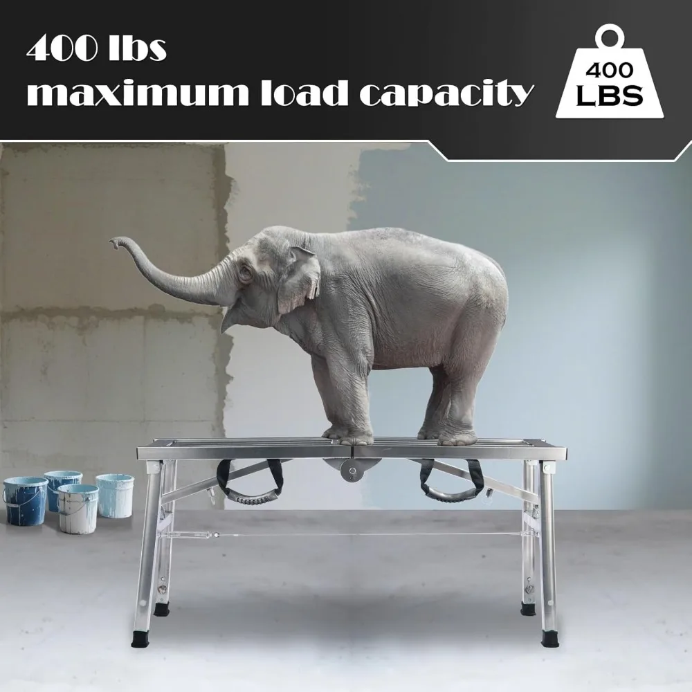 Folding Work Platform 39(L) x12(W) Height Adjustment 19-27(H) Portable Steel Step Ladder Stool for Home, Office, Workshop and Ga