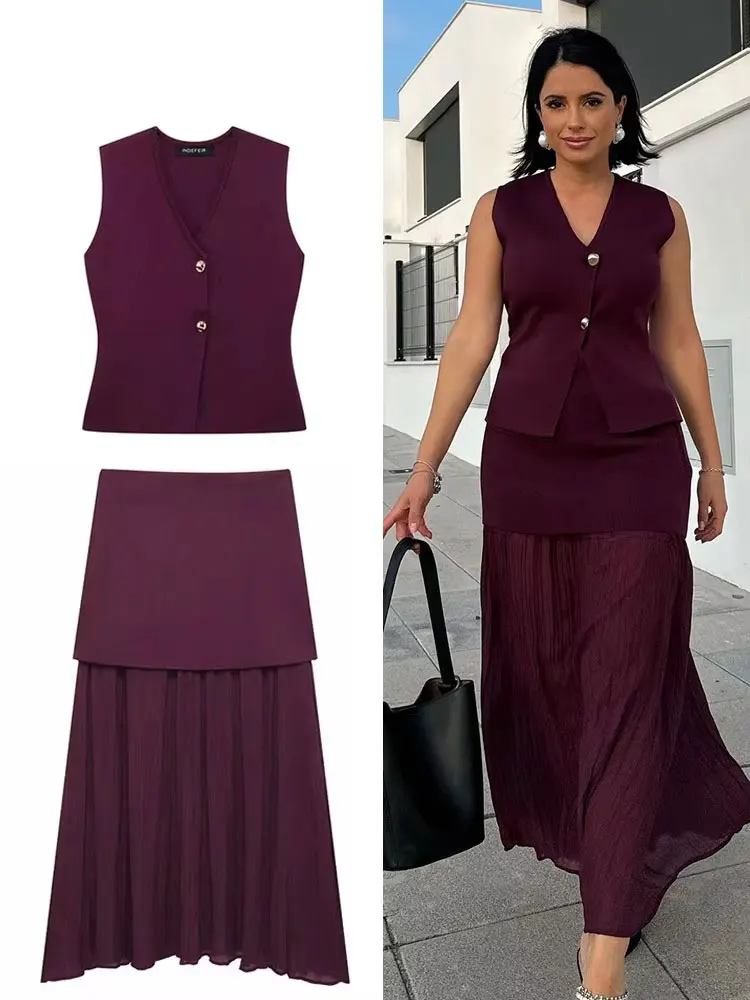 HH2025 Frauen Rock Set Weinrot Gestrickte V-ausschnitt Ärmellose Dünne Weste + Solide Hohe Taille Zipper Patchwork Lange rock Straße