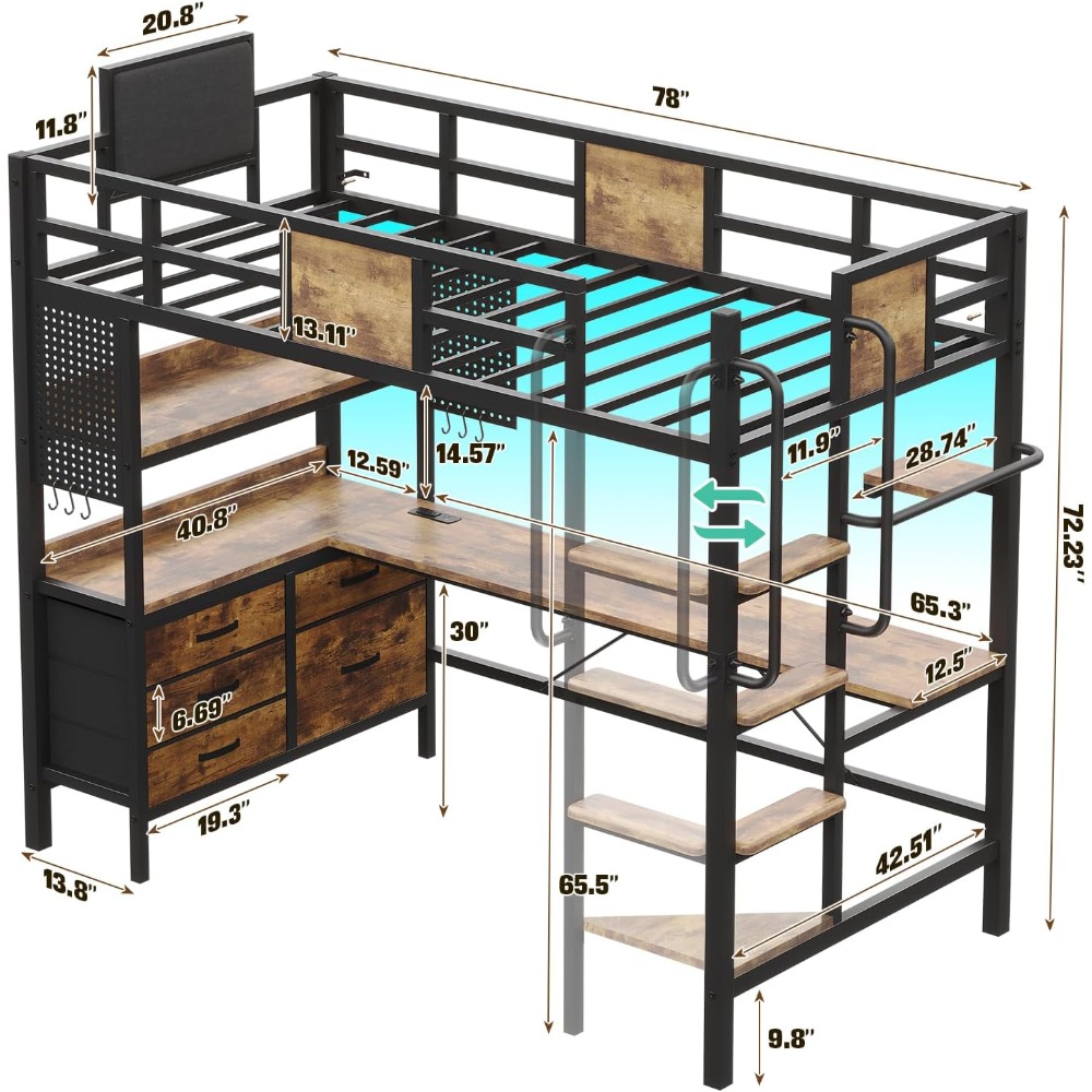 Loft Bed Twin Size with L Shaped Desk and Storage, Metal Bunk Bed with Desk Underneath and LED Lights and Charging Station78"L