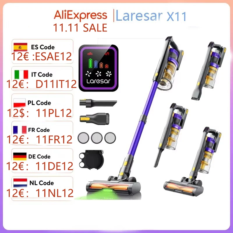 Laresar X11 550W 55000PA Aspirapolvere senza fili con potenza di aspirazione Palmare Smart Home Tazza per la polvere 60 minuti di autonomia 3 pezzi Set di filtri