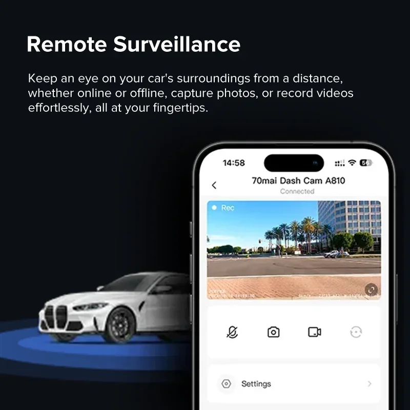 70mai 4K Dash Cam A810 Front Rear Set with 4G Module UP04 Remote Control GPS ADAS 70mai Car DVR A810 HDR 60FPS 24H Parking Mode