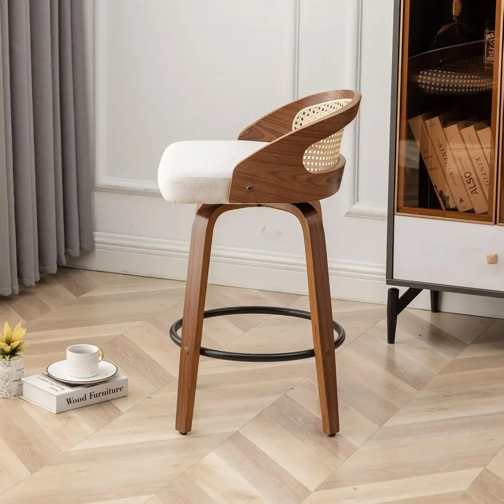 26" Swivel Rattan Bar Stools Set of 2,Mid-Century Modern Beige Linen Fabric Upholstered Counter Height Stools,Kitchen Island