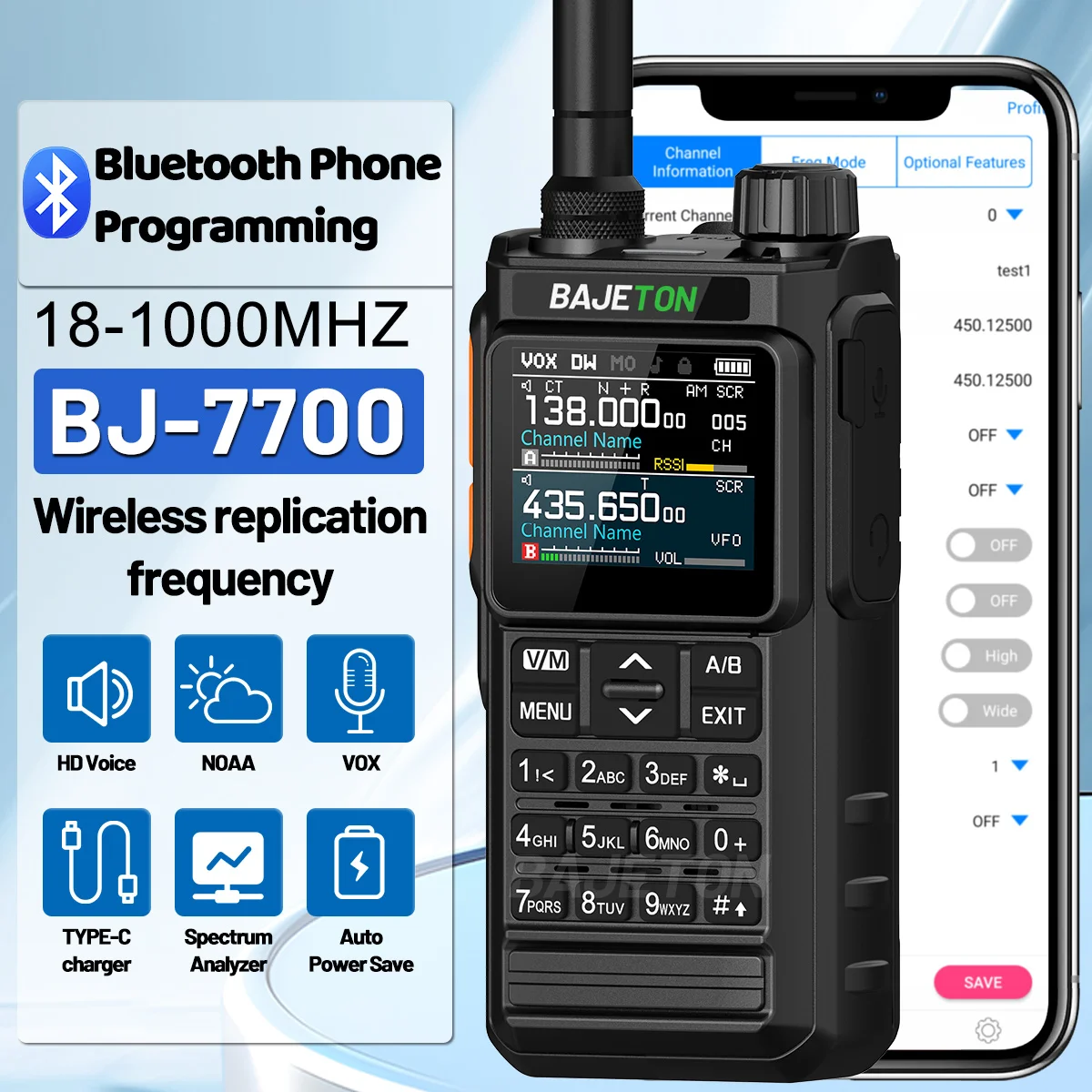 BAJETON BJ7700 Walkie Talkie portátil de banda completa programador Bluetooth reducción de ruido analizador de espectro AM FM NOAA Radio bidireccional