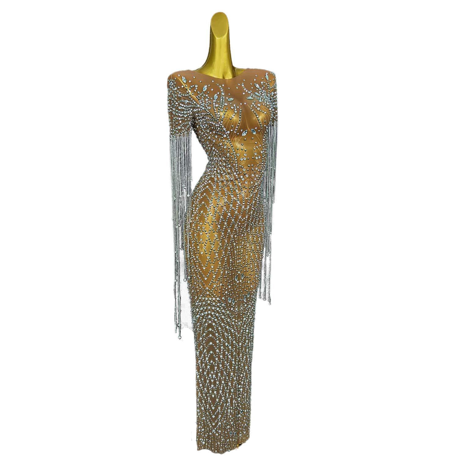 Женское блестящее длинное платье с кристаллами и кисточками