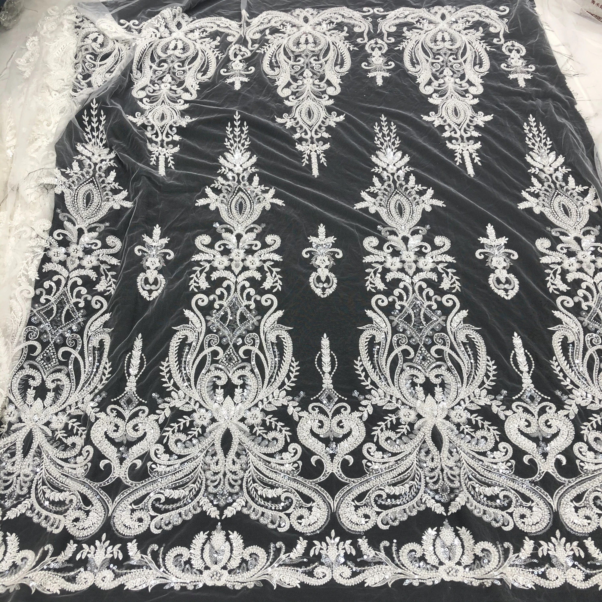Luxury High-Quality Sequin Beads Embroidered Lace Fabric Suitable For Private Custom Wedding Dresses