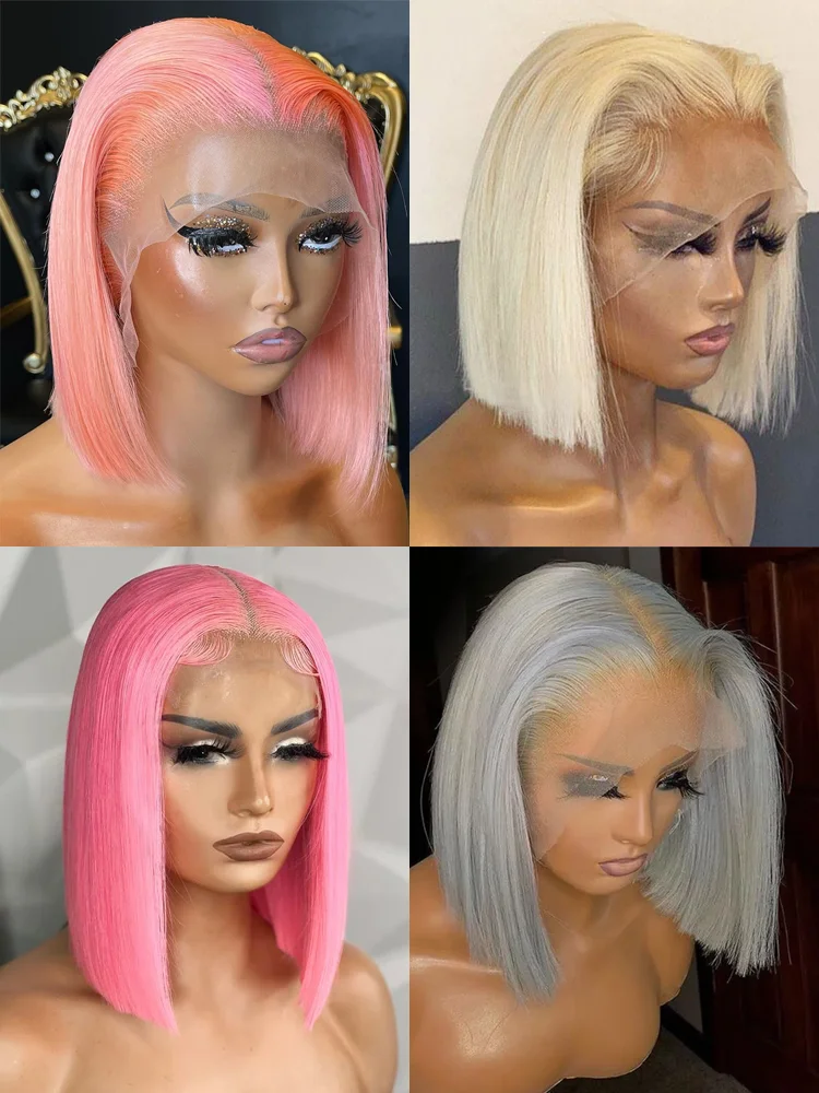 Pelucas de cabello humano Bob de color corto rosa, pelucas frontales de encaje recto brasileño 13X4, peluca de color prearrancada de encaje transparente