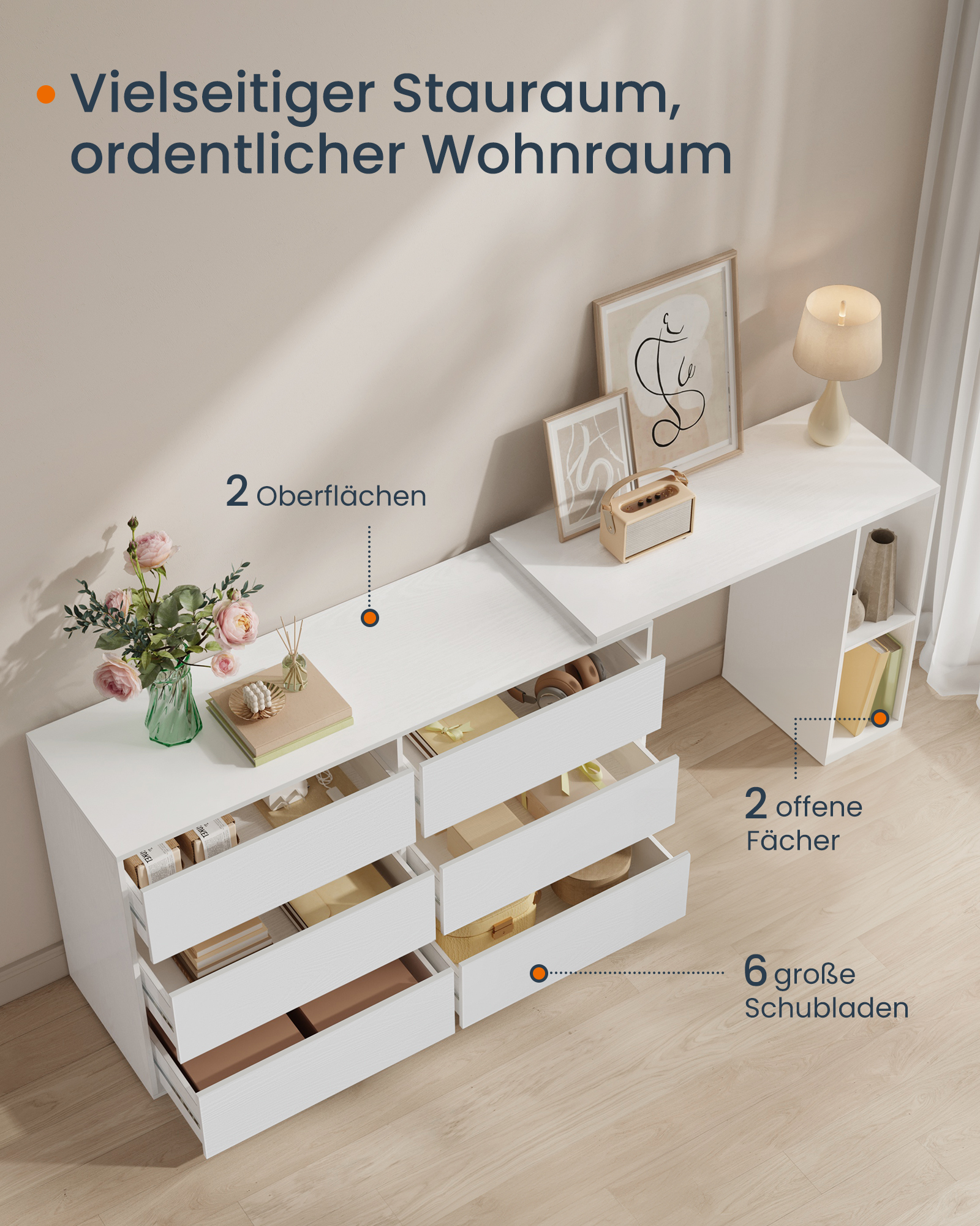 SONGMICS HOME Kommode, Schrank, Schminktisch mit Regal, Schnelle werkzeuglose Montage, nebeneinander oder L-förmig, für Schlafzi