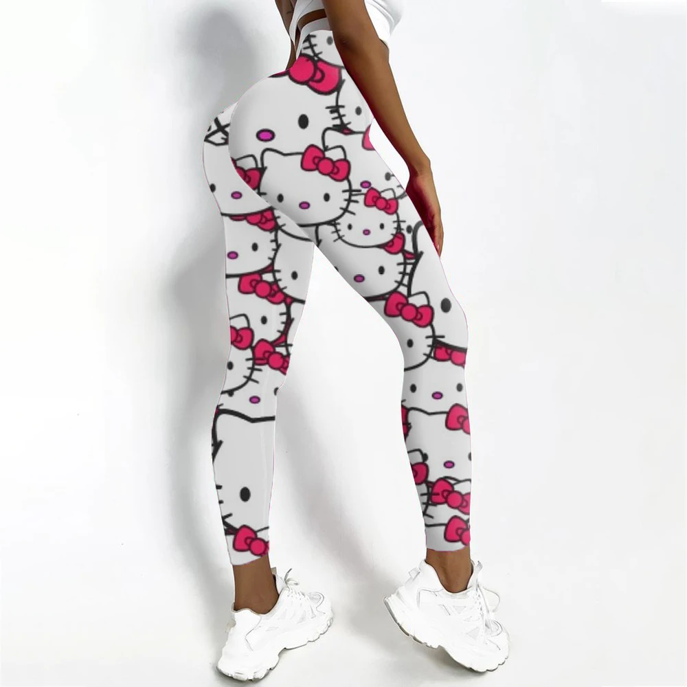 เลกกิ้งกีฬาและฟิตเนสสําหรับผู้หญิงพร้อมการยืดพิมพ์ลาย Hello Kitty และกางเกงโยคะเซ็กซี่สําหรับฝึกซ้อม วิ่ง ยิม แห้งเร็ว